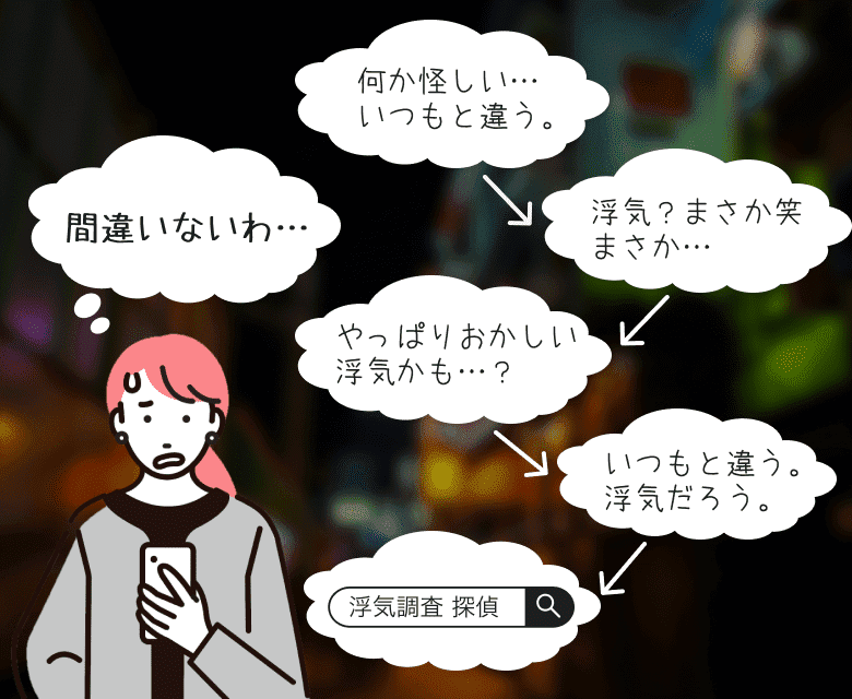 間違いないわ…何か怪しい…いつもと違う。浮気？まさか笑まさか…やっぱりおかしい浮気かも…？いつもと違う。浮気だろう。浮気調査 探偵